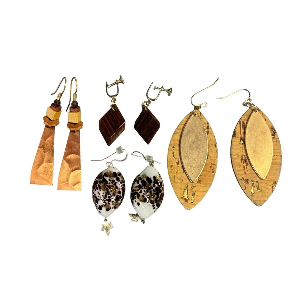 Lot of 4 Artisan Boho Dangle Earrings Copper Wood Cork Glass Screw Back & Wire